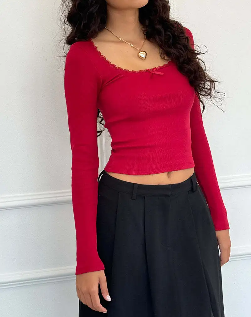 Women's Fashion U Collar Small Lace Knitted Bottoming Shirt - Red
