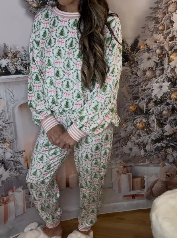 Women's Autumn And Winter Christmas Printed Long sleeved Trousers Pajamas Home Wear Green - Shop at LoveMi
