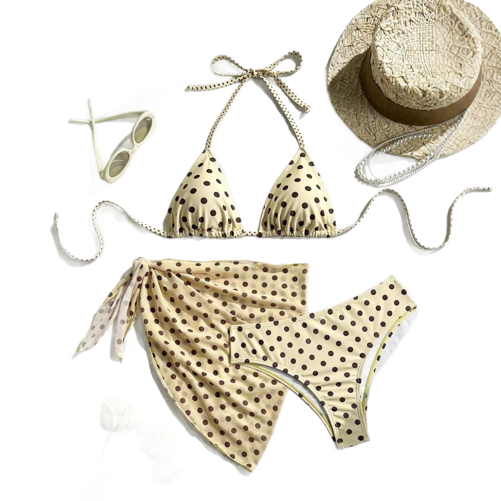 Polka-dot Halter Bikini Three-piece Set, Vintage Style 4