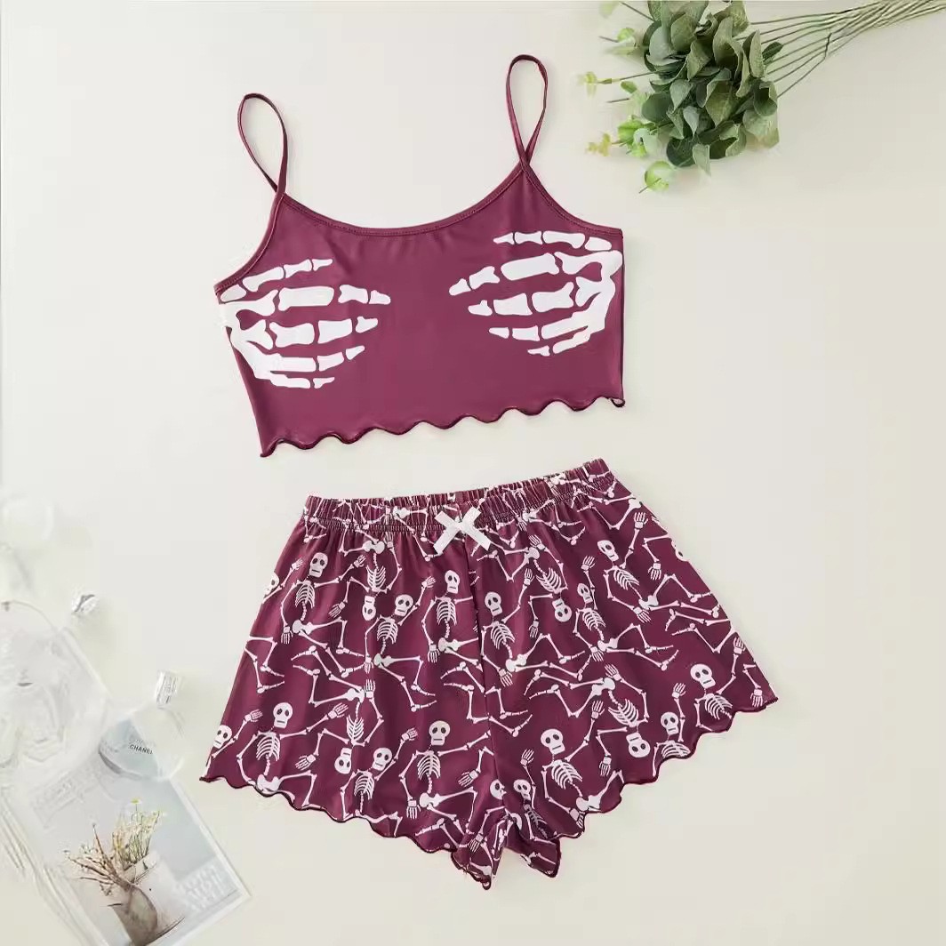 Halloween Pumpkin Print Sleeveless Sling Top Shorts Home Wear Pajamas