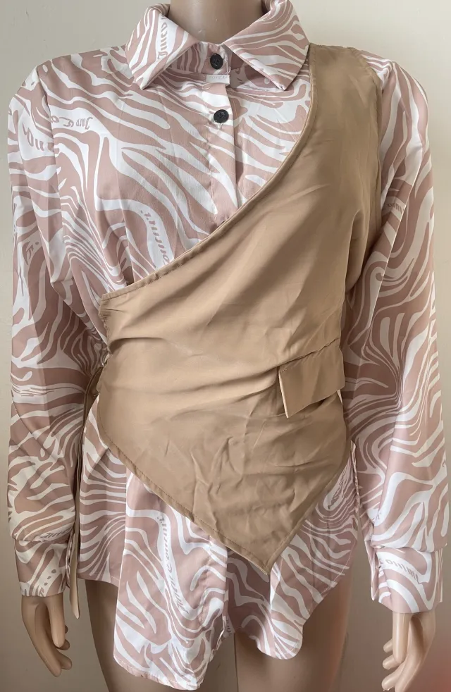 Long Sleeve Top Loose Striped Stitching Fake Shirt Pink - Shop at LoveMi