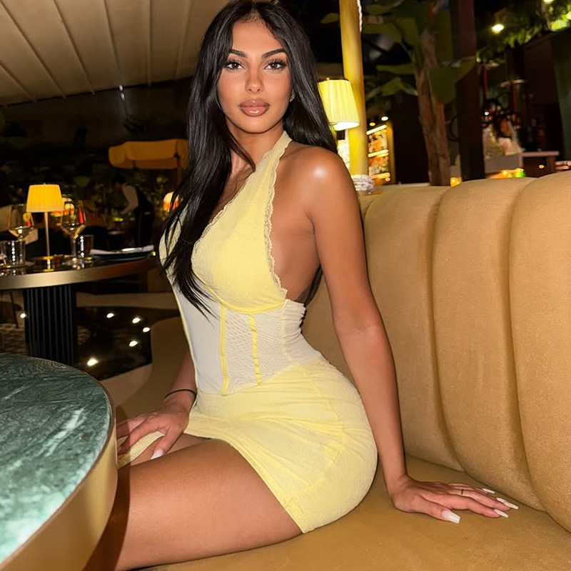 Color Block Halter Neck Mini Dress Sexy And Stylish Yellow - Shop at LoveMi
