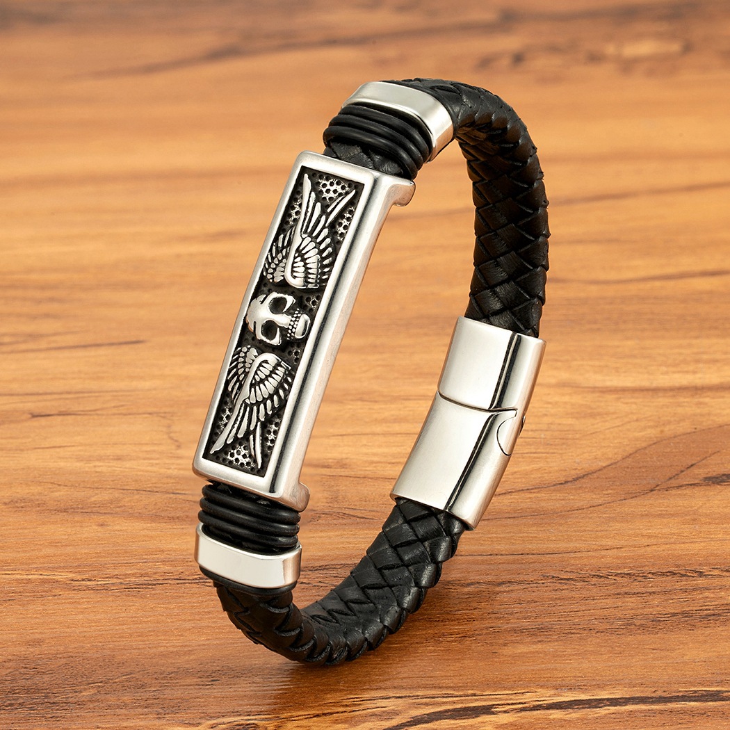 Gold And Steel Stainless Steel Leather Bracelet With Magnetic Clasp