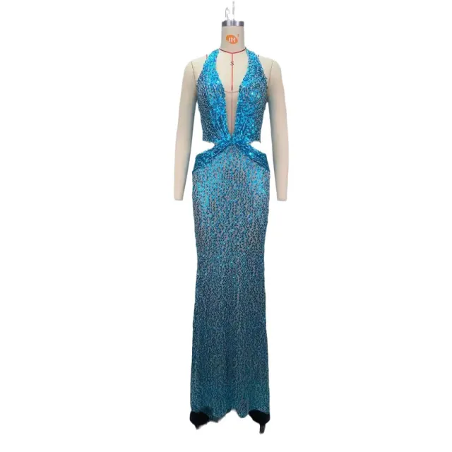 New Halter Deep V neck Slim Slimming Party Stage Host Hostess Evening Dress Sky Blue - Shop at LoveMi