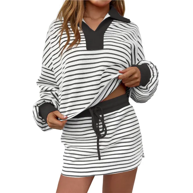 V neck Short Skirt Set Loose Casual Two piece Black - Shop at LoveMi