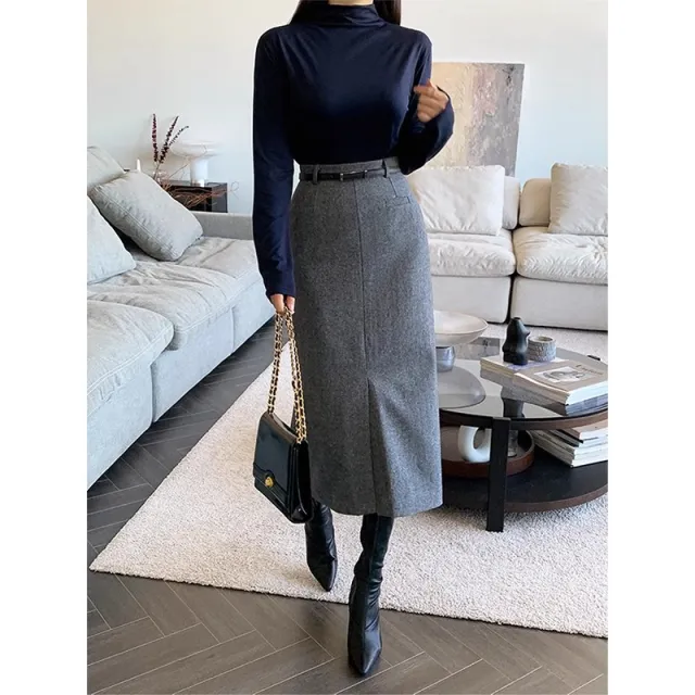 Gray Women's Autumn And Winter Thickened High Waist Mid length Commuting Figure Flattering Sheath Skirt Gray - Shop at LoveMi