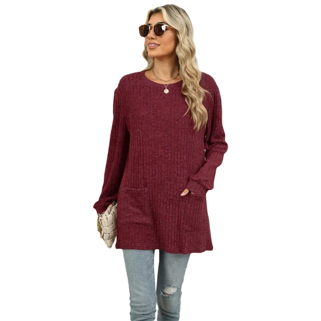 Casual Round Neck Pocket T shirt Puff Sleeve Loose Top Wine Red - Shop at LoveMi