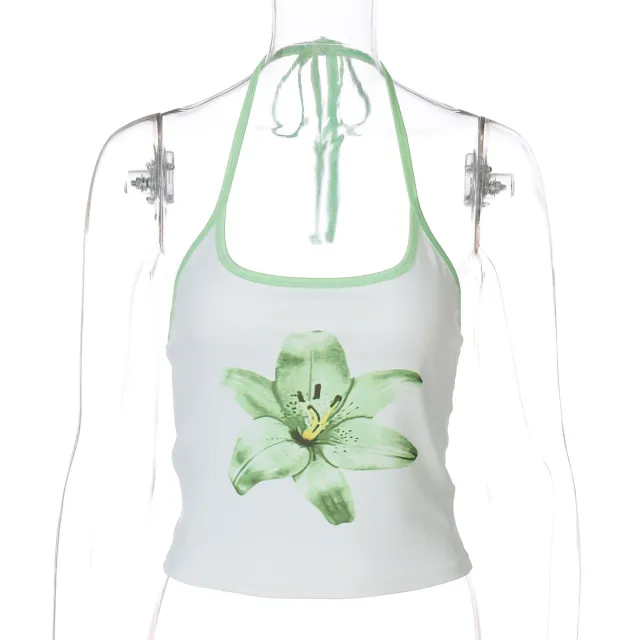 Printed Halterneck Lace Up Ultra Cropped Midriff Baring Tank Top Tan - Shop at LoveMi