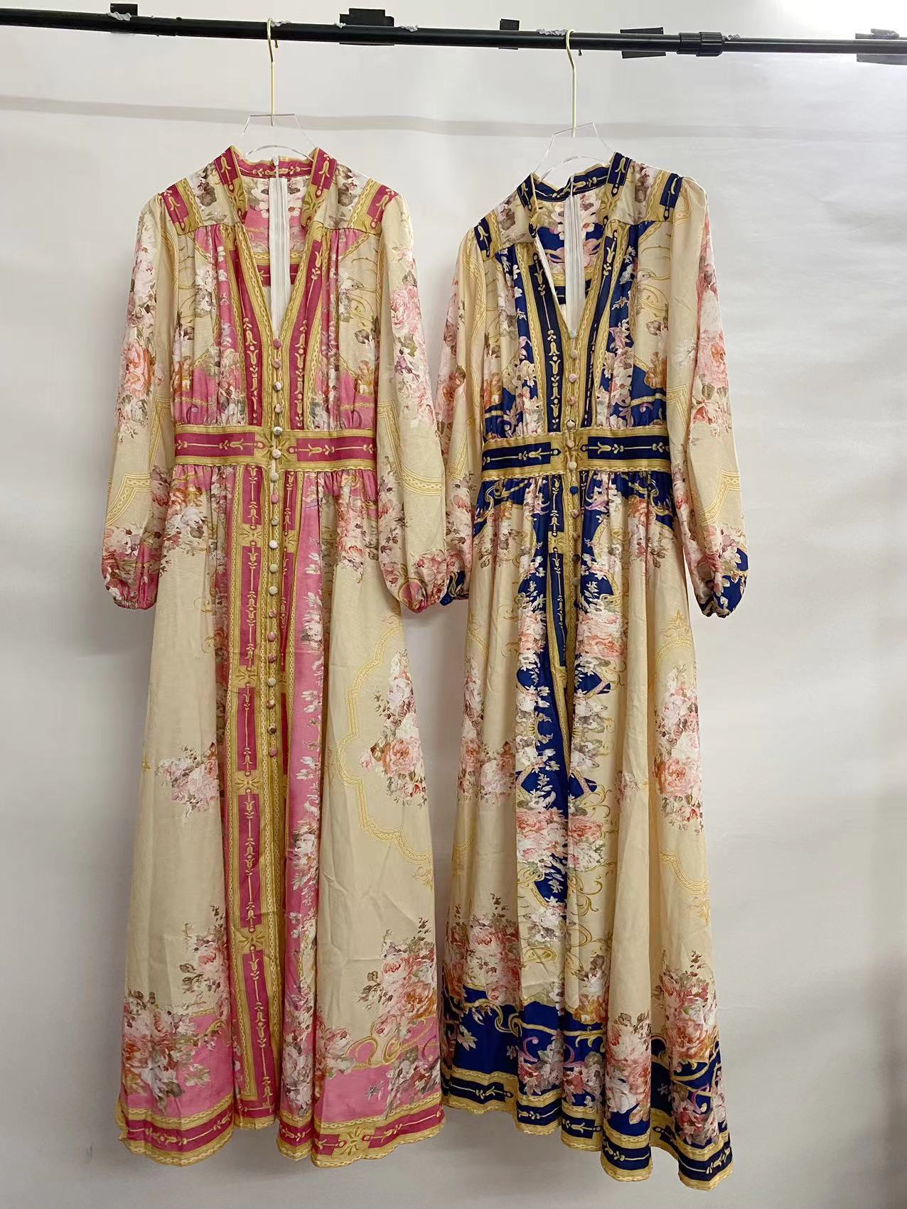 Vintage Printed Single-breasted Long Sleeve Dress