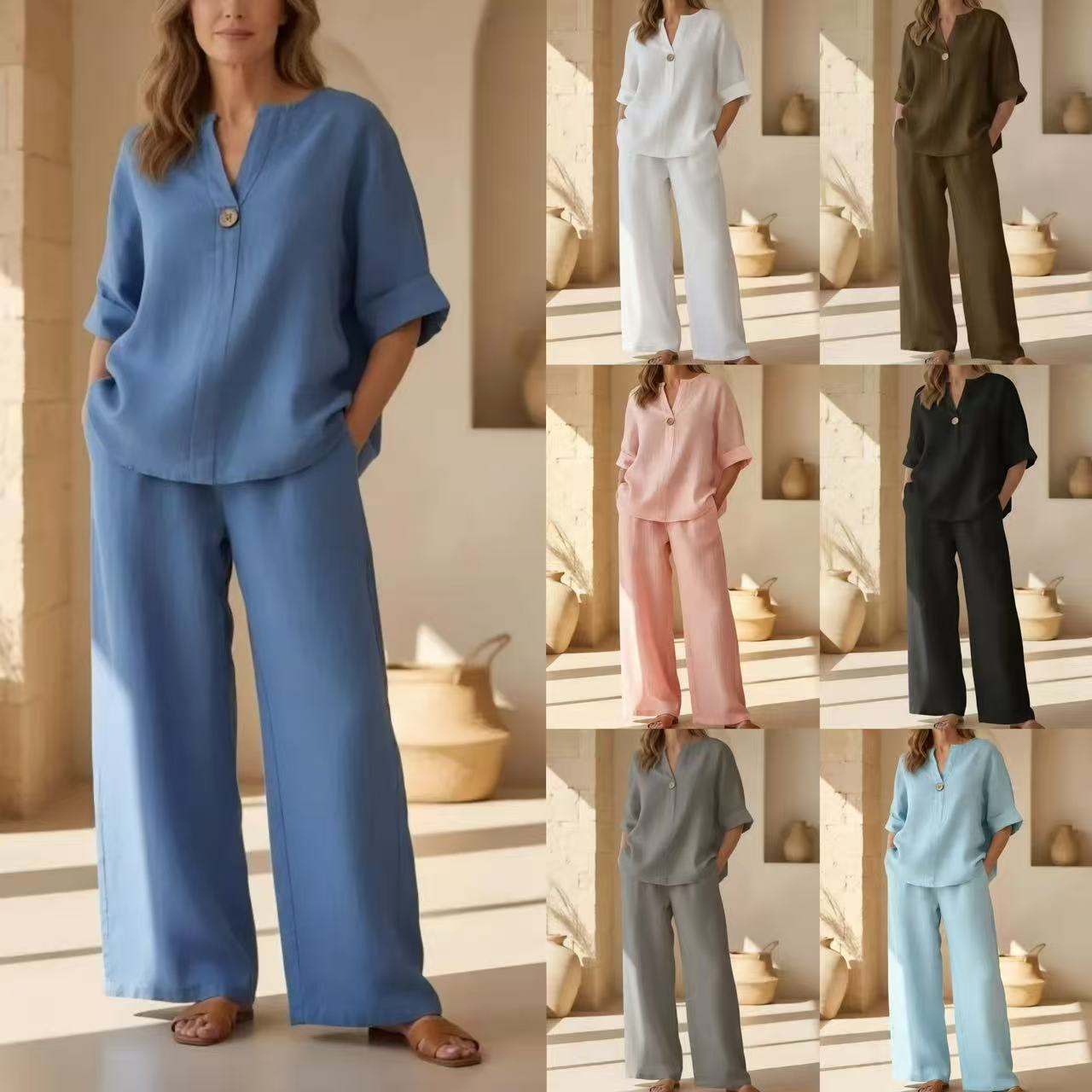 Womens Solid Color V-Neck Three-Quarter Sleeve Pants Casual Set - Image 1