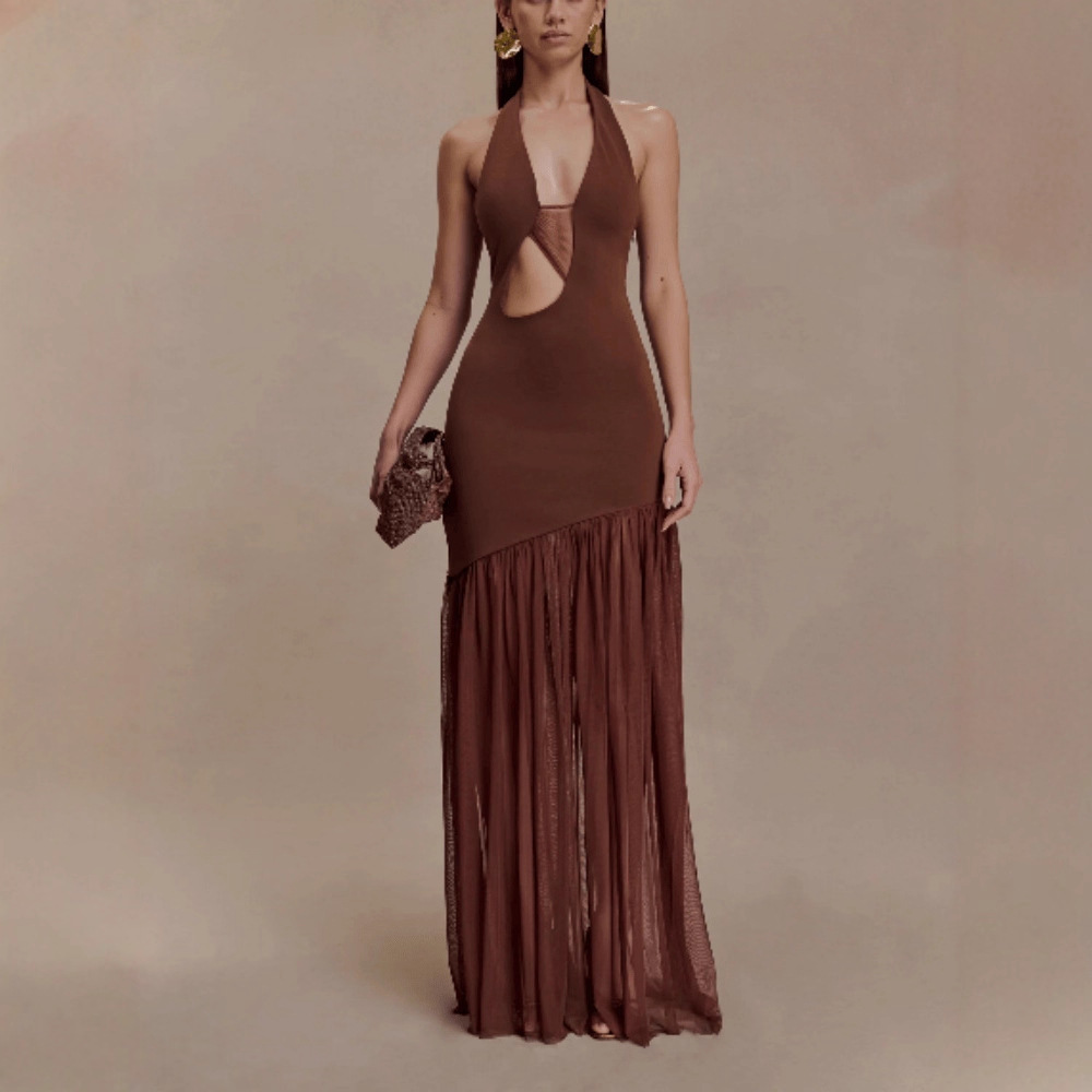 Body-hugging Backless Mesh-embellished Pleated Sexy Dress