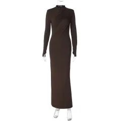 Fashionable Temperament Back Slit Long Sleeve Arm Covering Dress - Brown - View 1