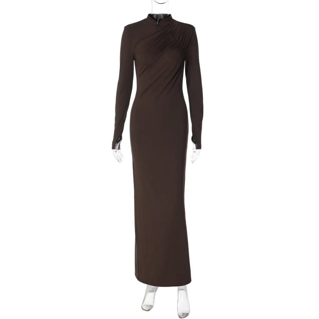 Fashionable Temperament Back Slit Long Sleeve Arm Covering Dress - Brown