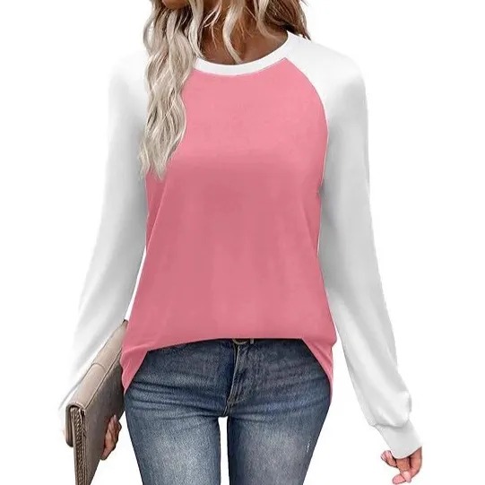 Long Sleeve Color Matching Casual All match Round Neck T shirt Pink - Shop at LoveMi