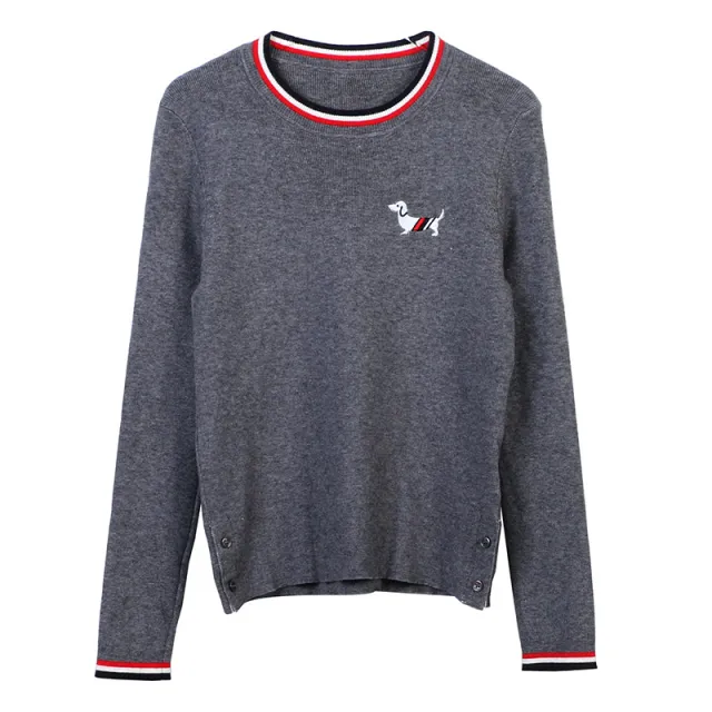 Women's Fashion Loose fitting Long Sleeves Contrast Color Striped Round Neck Top Gray - Shop at LoveMi