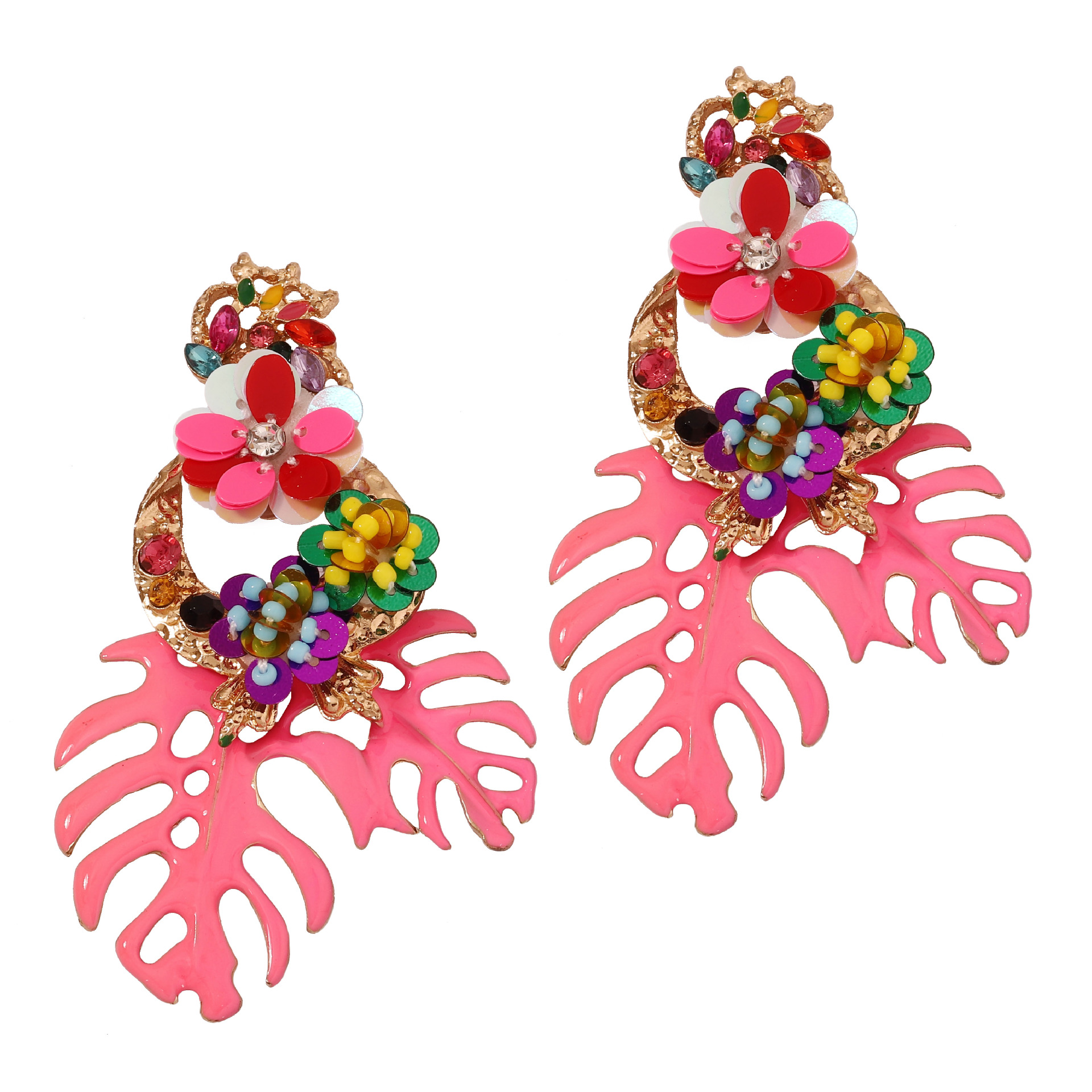 Fashionable Exaggerated Alloy Leaf Earrings With Colorful Rhinestones For Women