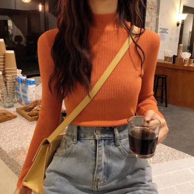 Autumn And Winter New Half Turtleneck Slim Fit Long Sleeve Inner Wear Knitwear For Women Orange - Shop at LoveMi