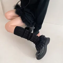 Women's Fashion Multi-layer Lace Twist Stripes Knitted Leg Warmers - Black - View 1