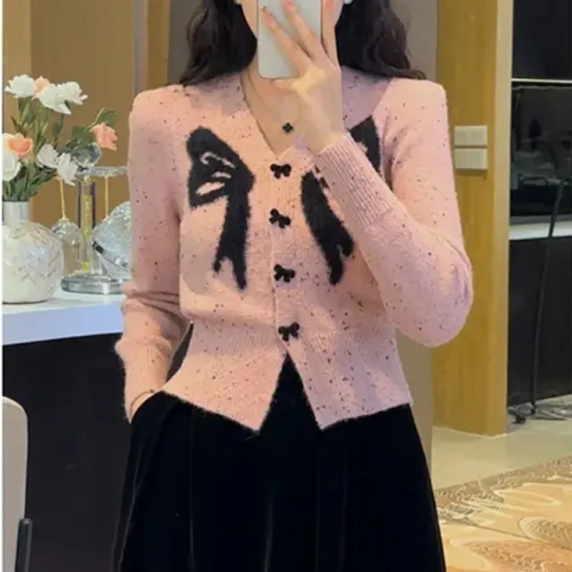 V neck Bowknot Knitted Sweater Long Sleeve Sweater Butterfly Knitted Pink - Shop at LoveMi
