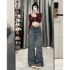 Love Embroidered Wide-leg Simple Casual Jeans - Blue - View 1