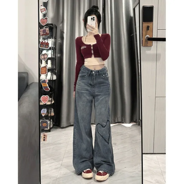 Love Embroidered Wide leg Simple Casual Jeans Blue - Shop at LoveMi