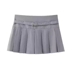 Low Waist Mini Plaid Casual Wide Pleated Culottes Skirt - Light Grey - View 1