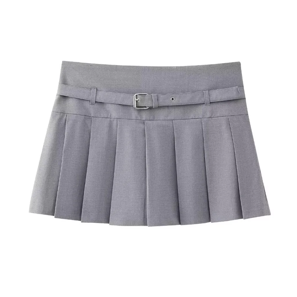 Low Waist Mini Plaid Casual Wide Pleated Culottes Skirt - Light Gray