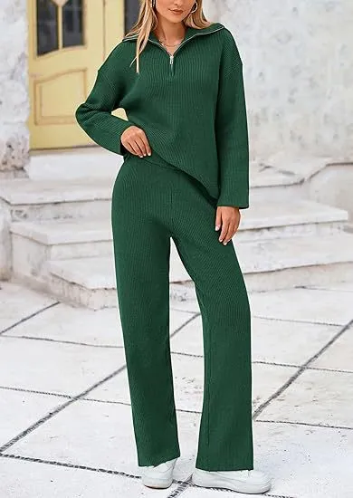 European And American Autumn And Winter Knitting Two piece Set Casual And Comfortable Half open Zipper And Lapel Sweater Green - Shop at LoveMi