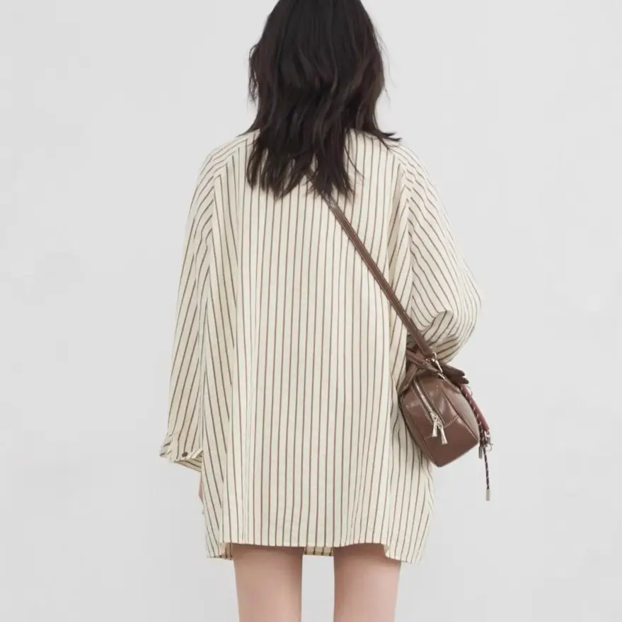 Color-block Vertical-striped Raglan-sleeve Loose-fit Shirt