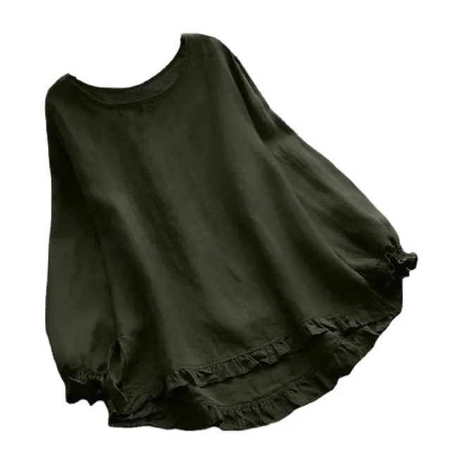 Long Sleeve Ruffled Bottom Cuff Loose fitting Women's Cotton Linen Solid Color Round Neck Shirt Army Green - Shop at LoveMi