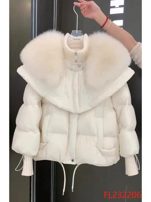 Parka Coat Petite Short Style Large Faux Fur Collar Thickened Cotton Jacket White - Shop at LoveMi