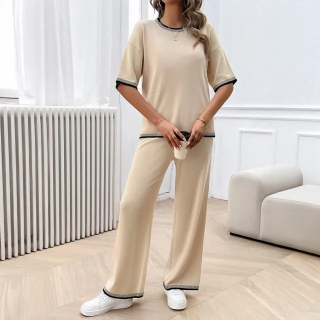 Casual Loose Contrast Color Knitted T shirt Blouse And Pants 2 piece Set Apricot - Shop at LoveMi