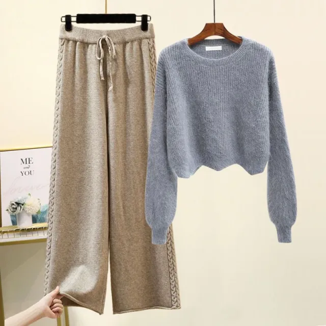 Autumn And Winter Set Knitted Sweater Slimming All match Wide Leg Pants Suit Gray Sweater Suit - Shop at LoveMi