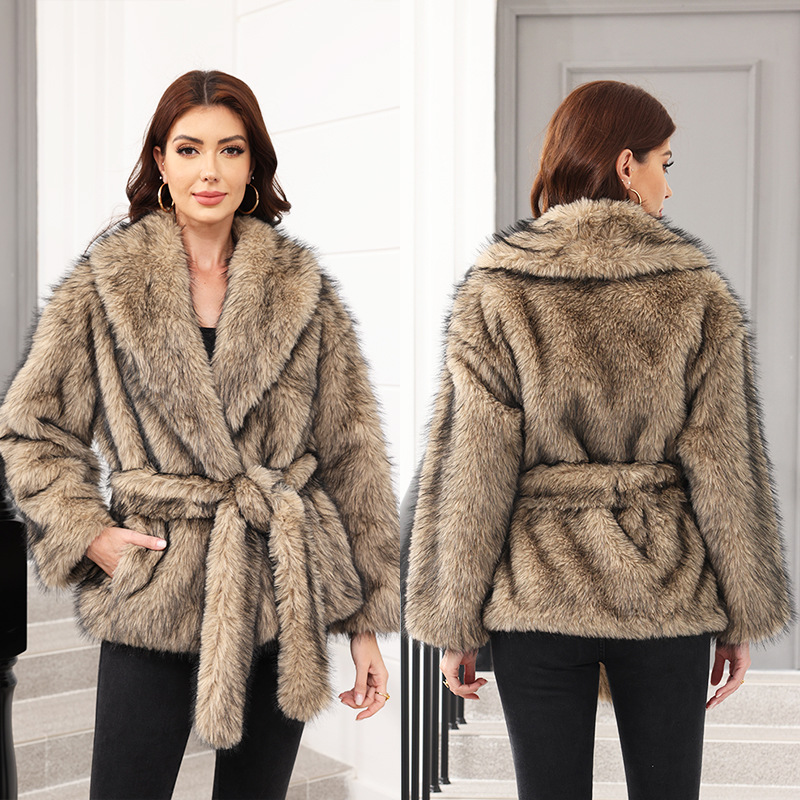 Fur Mid length Coat With Belt Fashionable Brown - Shop at LoveMi