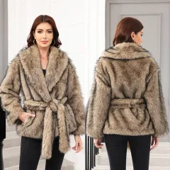 Fur Mid-length Coat With Belt Fashionable - Brown - View 1