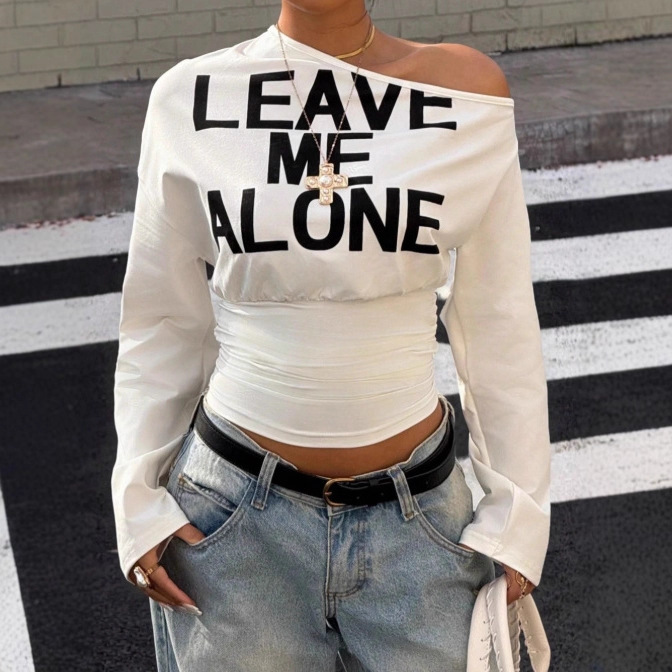 Off-Shoulder Printed Letter Long-Sleeve