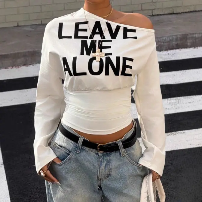 Womens Off-Shoulder Printed Letter Long-Sleeve T-Shirt