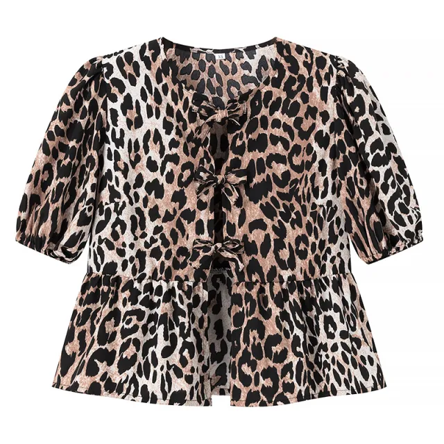 New Animal Print Knot Short Sleeve Round Neck Tie Shirt Leopard Print - Shop at LoveMi