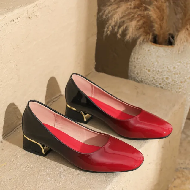 Women's Square Head Chunky Heel Soft Leather Comfortable High Heels Wine - Shop at LoveMi