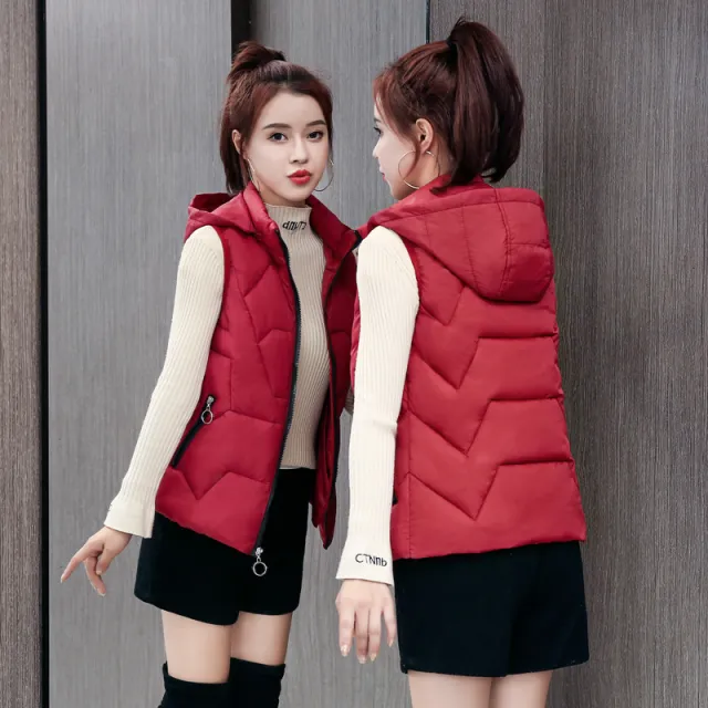 Ladies' Fashion Down Cotton Vest Short Mom Hooded Wear Warm Vest Wine Red - Shop at LoveMi