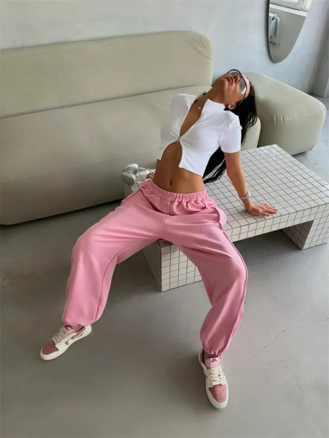 Street Style Loose Casual Fashion All matching Elastic Waist Sweatpants Pink - Shop at LoveMi