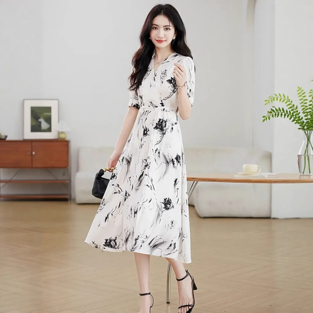 Floral French-style Figure-flattering Elegant Dress - Floral
