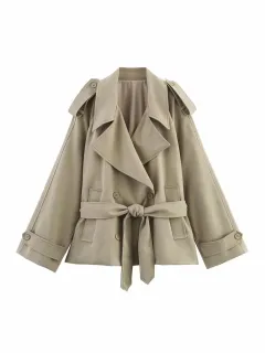 Loose Casual Long Sleeves Short Women's Windbreaker Coat - Khaki - View 1
