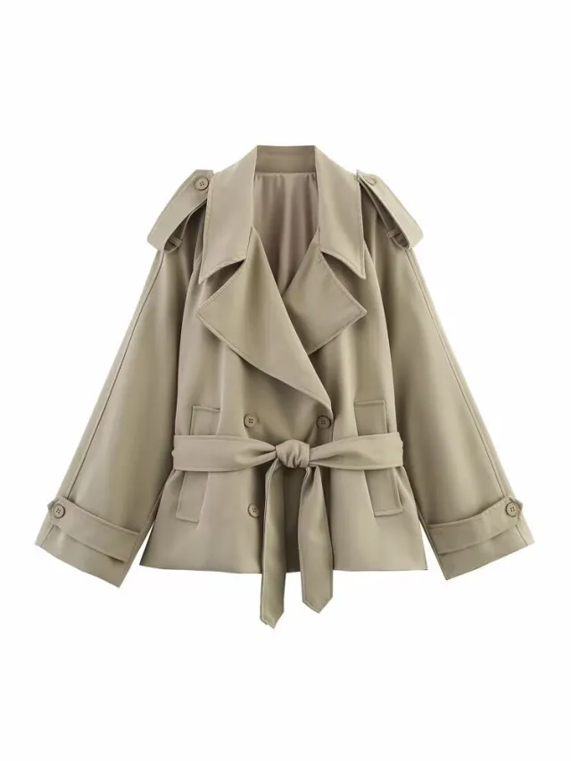 Loose Casual Long Sleeves Short Women's Windbreaker Coat Khaki - Shop at LoveMi