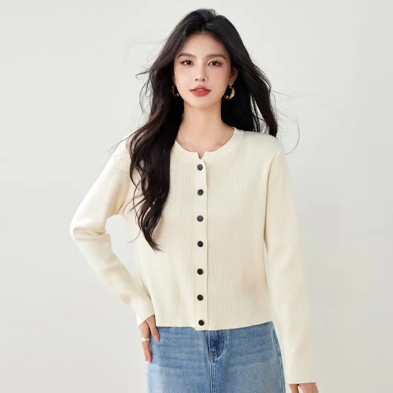 Autumn Solid-Color Knitted Womens Cropped Crew-Neck Sweater