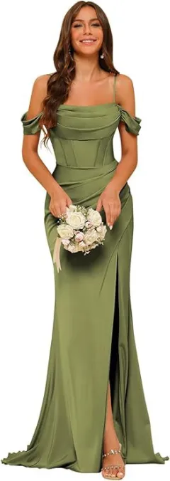 Off-the-shoulder Satin Bridesmaid Corset Ball Gown - Olive Green - View 1