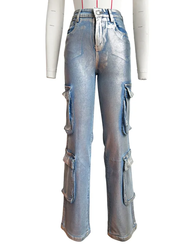 Fashion Hot Silver Craft Stretch Denim Multi pocket Overalls Silver - Shop at LoveMi