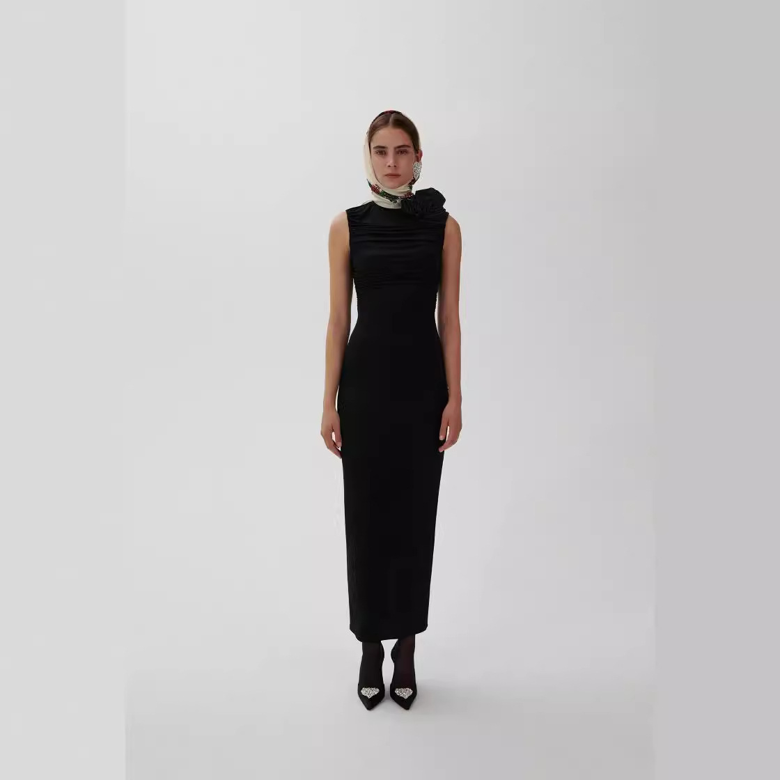 Pleated Side Shoulder Rose Decorative Sleeveless Sheath Tight Dress