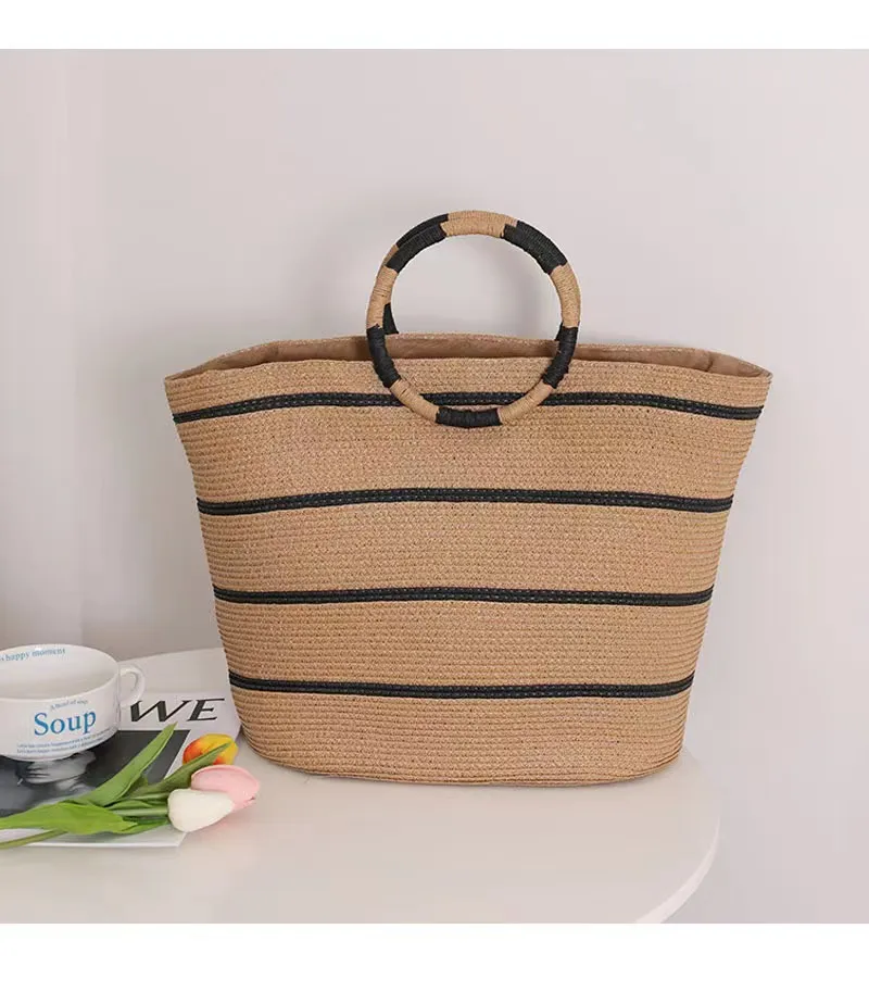 Large Capacity Round Early Woven Summer All-matching Woven Shoulder Beach Bag Handbag - Khaki