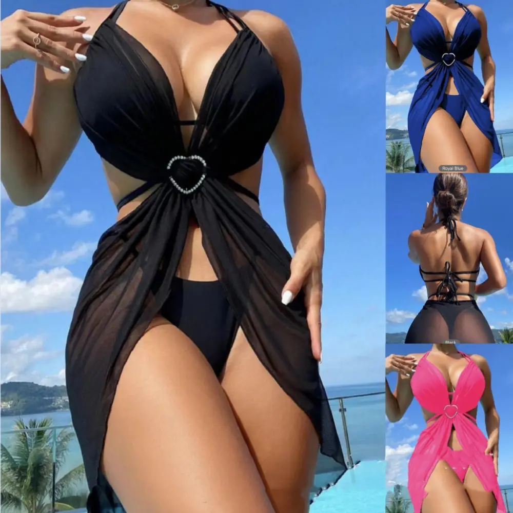 3pcs Halter Neck Bikini Beach Summer Solid Color Split